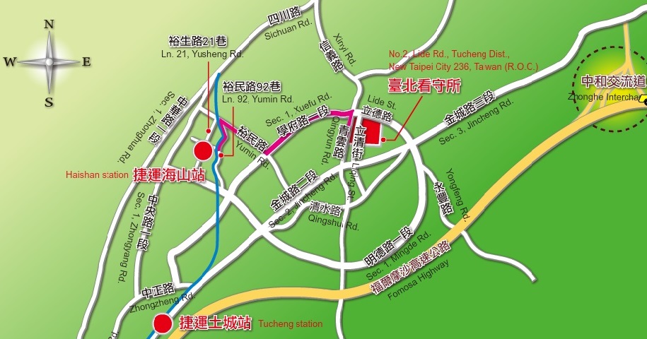 臺北看守所機關位置圖,本所位於新北市土城區立德路1號